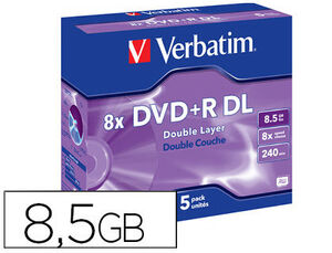 Dvd+R Verbatim Doble Capa Capacidad 8,5 Gb Velocidad 8X Pack 5 Unidades