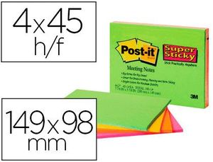 Bloc de Notas Adhesivas Quita y Pon Post-It Super Sticky 149X98 mm con 45 Hojas Pack de 4 Unidades C