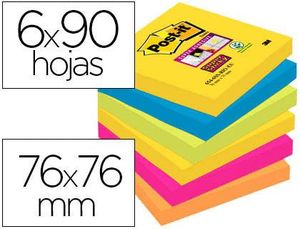 Taco de Notas Adhesivas Quita y Pon Post-It Super Sticky 76X76 mm con 90 Hojas Pack de 6 Bloc Colores