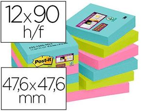 Bloc de Notas Adhesivas Quita y Pon Post-It Super Sticky 47,6X47,6 mm con 90 Hojas Pack de 12 Unidad