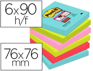 Bloc de Notas Adhesivas Quita y Pon Post-It Super Sticky 76X76 mm con 90 Hojas Pack de 6 Unidades Co