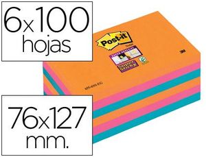 Bloc de Notas Adhesivas Quita y Pon Post-It Super Sticky 76X127 mm con 6 Bloc 2 Rosa Naranja Neon Az