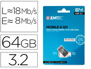 Memoria Emtec Usb 3. 2 Dual Mobile & Go Type-C /usb 64 Gb