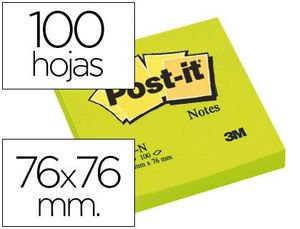 Bloc de Notas Adhesivas Quita y Pon Post-It 76X76 mm Verde Neon con 100 Hojas