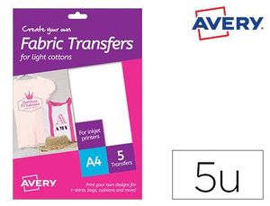 Papel Transfer Avery para Camisetas Algodon Color Blanco Ink-Jet Din A4 Pack de 5 Hojas