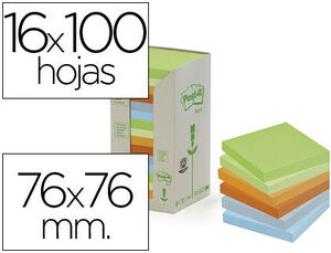 Bloc de Notas Adhesivas Quita y Pon Post-It 76X76Mm en Torrerecicladas Pack de 16 Blocs 654 Colores Pastel