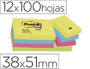 Bloc de Notas Adhesivas Quita y Pon Post-It 38X51 mm Neon Pack de 12 Blocs Surtido