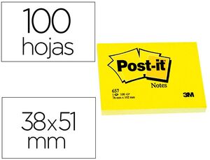 Bloc de Notas Adhesivas Quita y Pon Post-It 38X51 mm con 100 Hojas 653E Pack 12 Unidades