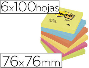 Bloc de Notas Adhesivas Quita y Pon Post-It 654 76X76 mm Neon Pack de 6 Blocs Surtido