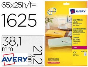 Etiqueta Adhesivas Avery Din A4 Imprimibles Transparente 38,1X21,2 mm Caja de 25 Hojas con 1625 Etiq