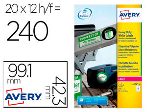 Etiqueta Adhesiva Avery Poliester Blanco para Impresora Laser 99,1X42,3 mm Caja de 240 Unidades
