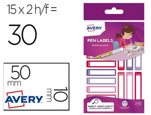 Etiqueta Avery para Boligrafos y Lapices Rosa y Violeta 50X10 mm Blister de 30 Unidades