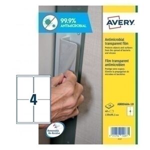 Etiquetas Adh. avery A4 Polyester Antibacteriana y Antimicrobiana Removible Caja 10H 139X99,1 mm 40 uds. (Am004A4)