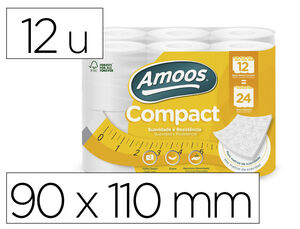 Papel Higienico Amoos 2 Capas 110 mm Diametro X 90 mm Alto 30 Gr/m2 Paquete de 12 Rollos