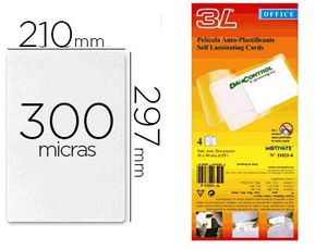 Bolsa de Plastificar 3L Office Manual en Frio 300 Mc Din A4 con Dorso Adhesivo Pack 10 Unidades