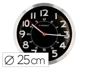 Reloj Q-Connect de Pared Metalico Redondo 25 cm Movimiento Silencioso Color Cromado con Esfera Negra