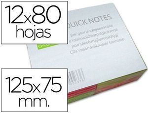 Bloc de Notas Adhesivas Quita y Pon Q-Connect 125X75 mm con 80 Hj Fluorescentes Pack 12 Surtidas en 4 Colores