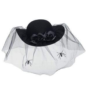 Sombrero Viuda Negro con Rosas, Velo y Arañas en Fieltro