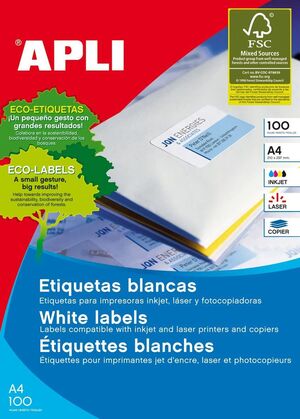 Etiquetas Apli A4 I/l/c Blancas 70X67,7 Caja 100 Hj