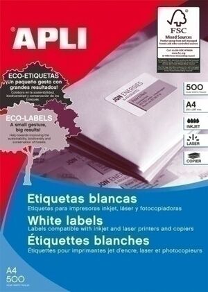 Etiquetas Adh. impr. apli A4 Blanca C. rectos Caja 500H 38X21,2 mm 32. 500 uds. (01776)