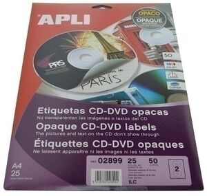 Etiquetas Adh. impr. apli A4 Multimed. cd-Dvd Clasica Blister 25H Dorso Opaco Ø Ext. 114 e Int. 41 mm 50 uds. (02899)