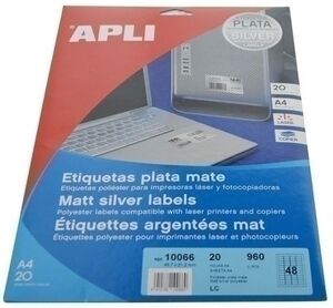 Etiquetas Adh. impr. apli A4 Polyester Mate Resistente Intemperie Ls-Cp Blister 20H Plata 45,7X21,2 mm C. romos 960 uds. (10066)