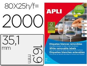 Etiqueta Adhesiva Apli 35,6X16,9 mm Fotocopiadora Laser Inkjet Caja 25 Hojas Din A4 con 2000 Etiquet