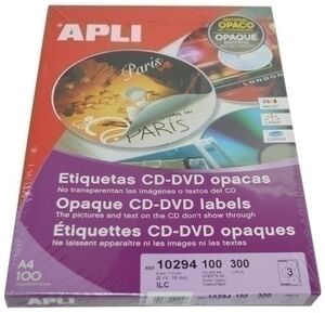 Etiquetas Adh. impr. apli A4 Multimed. cd-Dvd Mega Caja 100H Dorso Opaco Ø Ext. 114 e Int. 18 mm 300 uds. (10294)
