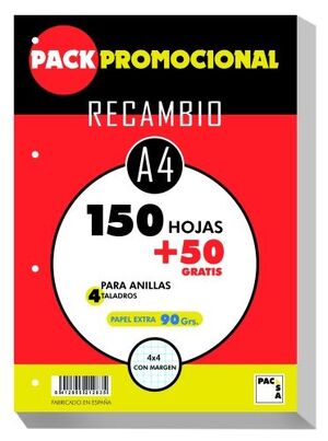 Recambio Pacsa A4 200H (150+50) 90Gr 4 Taladros Cuadric. 4X4 C/margen