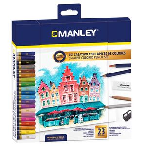 Set Creativo 23 Lapices de Colores Manley (18X Lapiz Color, 1X Lapiz Grafito, 1X Blender, 1X Goma, 1X Afila, 1X Bloc Dibujo A5)