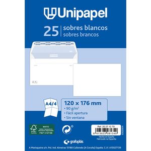 Paquete 25 Sobres Blancos 120X176 90 Gr Cierre Tira Silicona Fsc Unipapel
