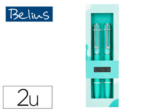 Boligrafo Belius Bari Set con 2 Boligrafos Color Celeste Punta 1 mm Tinta Azul en Caja de Regalo