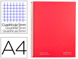 Cuaderno Espiral Navigator A4 Micro A4 Tapa Forrada 120H 80Gr Cuadro 5Mm 5 Bandas 4 Taladros Color Rojo