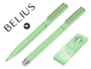 Juego Boligrafo y Roller Belius Endless Summer Aluminio Diseño Verde y Plateado Tinta Azul Caja de Diseño