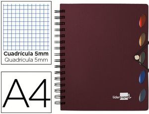 Cuaderno Espiral Liderpapel A4 Micro Executive Tapa Plastico 100H 80 Gr Cuadro 5Mm 5 Separadores con Gomilla Burdeos.