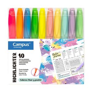 Marcador Fluorescente Pen Highlighter Campus University Blister 10 Colores Neón + Pastel