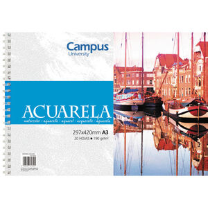Bloc Acuarela Campus University A3 Espiral 20 Hojas 190G.