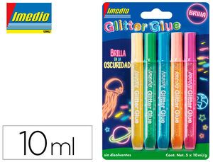 Pegamento Imedio Glitter Glue Brilla en la Oscuridad para Manualidades 10 Ml Blister 5 Colores Surtidos